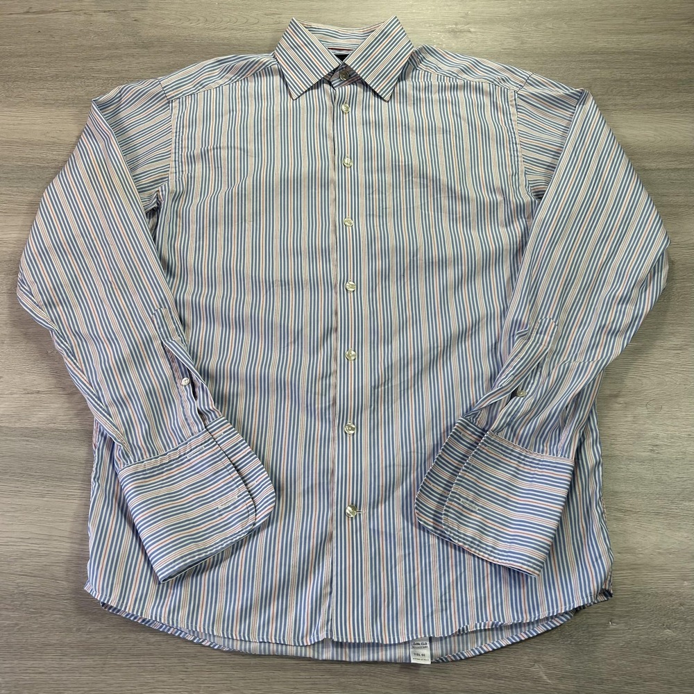 Eton of Sweden Shirt Mens 15.5 39 Blue Red Stripe 100% Cotton Dress Button Up